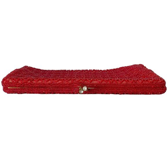 Vintage 60s Ruby Red Beaded Clutch | Rhinestone Kiss Lock Evening Bag - Picture 4 of 8